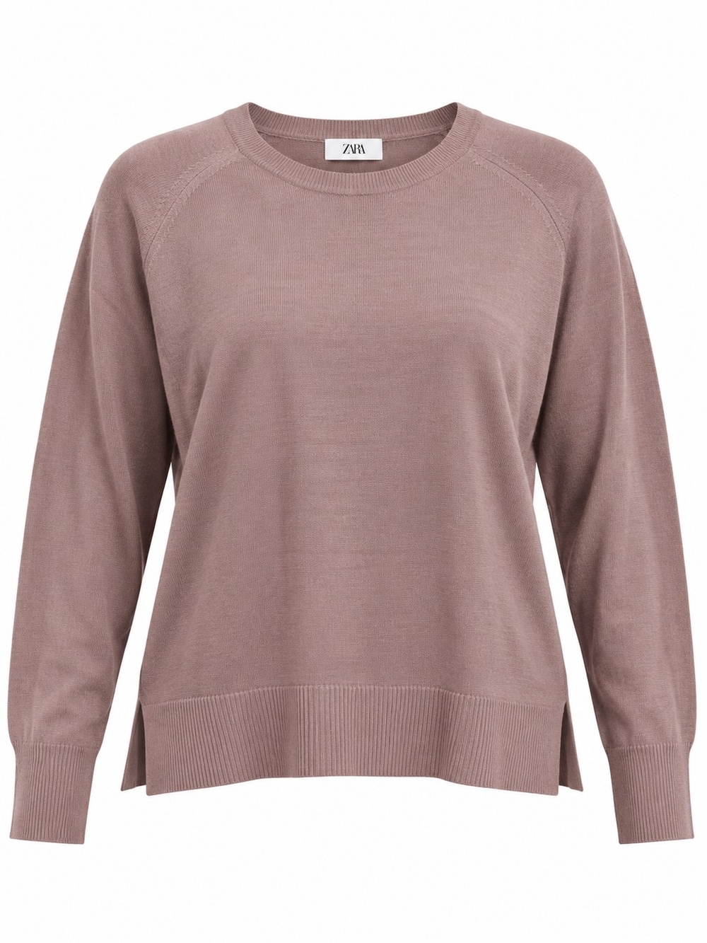 ZARA | Dusty Mauve Brown Lightweight Boxy Crewneck Sweater Side Slits | XL